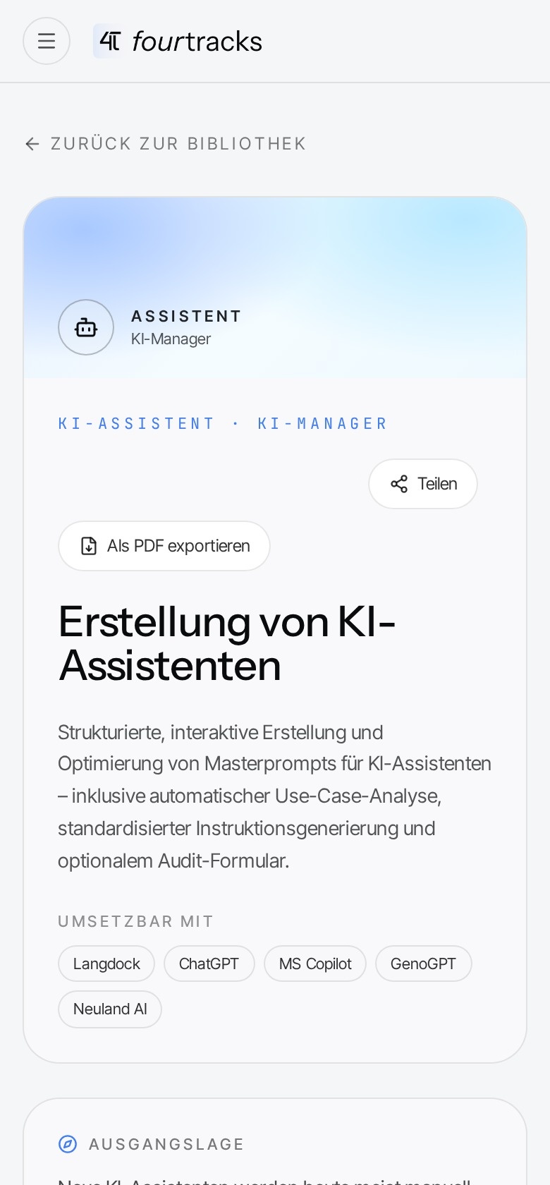 Mobile Ansicht eines Use Cases mit Ausgangslage, Kurzbeschreibung und Funktionsweise